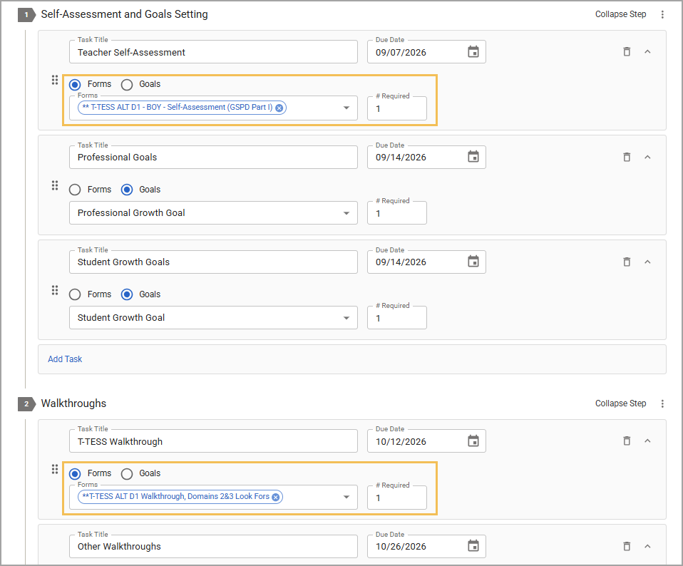 Overview of self-assessment and goal-setting tasks with due dates and required forms.